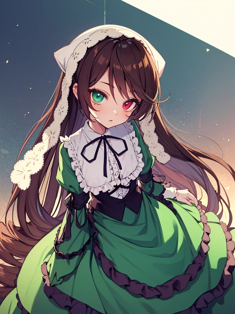 suiseiseki, bonnet,  head scarf,  heterochromia, Green Dress,   neck ribbon ,  twin drill , ((beastery _ style )),   Details,  complicated