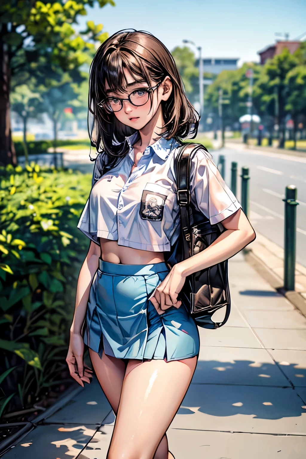 18 years old girl, (((at park))), (transparent white shirt), (mini skirt:1.6), (pastel blue skirt), RAW photo, (photorealistic:1.37, realistic), highly detailed CG unified 8K wallpapers, 1girl, ((slender body:1)), (small breasts:1.3), looking at viewer, ((straight from front)), (HQ skin:1.2), (clean skin:1.2), 8k uhd, dslr, soft lighting, high quality, film grain, Fujifilm XT3, (full body:0.8) , tokyolagii , (bold glasses), full body in, perfect body, two legs, long legs, naval, (wide waist:1.2), (big tigh:1.3), crop top, oversized, (cleavage:0.7), sad, blushing