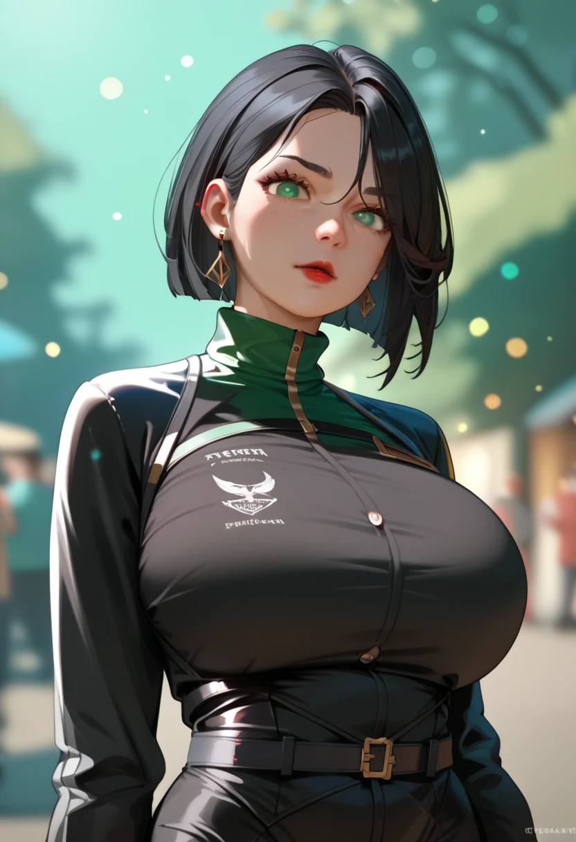  portrait, outdoors, bokeh background,  depth of field , Beautiful woman red lips ,  very short black hair ,  green eyes, choker, earrings,  long sleeve polo shirt with high collar black, ( big breasts) ( masterpiece ) , ( The best quality), absurd,  intricate details, ( costume),