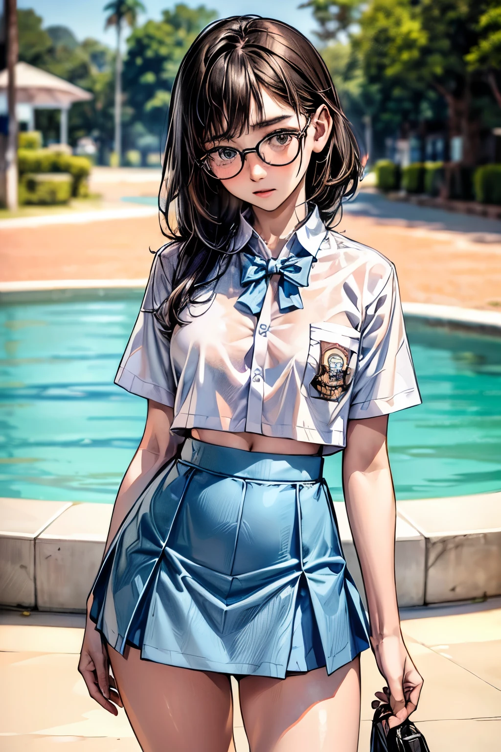 18 years old girl, (((at park))), (transparent white shirt), (mini skirt:1.6), (pastel blue skirt), RAW photo, (photorealistic:1.37, realistic), highly detailed CG unified 8K wallpapers, 1girl, ((slender body:1)), (small breasts:1.3), looking at viewer, ((straight from front)), (HQ skin:1.2), (clean skin:1.2), 8k uhd, dslr, soft lighting, high quality, film grain, Fujifilm XT3, (full body:0.8) , tokyolagii , (bold glasses), full body in, perfect body, two legs, long legs, naval, (wide waist:1.2), (big tigh:1.3), crop top, oversized, (cleavage:0.7), sad, blushing