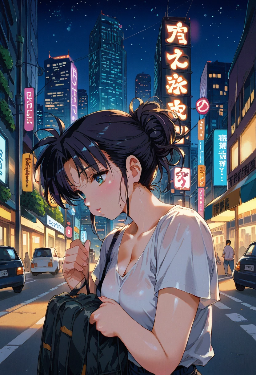 A black-haired woman looking out over the city of Tokyo,Night starry sky,Streetscape、listen to music、Japanese　Black Hair　Cleavage Skyscraper City　Wear a white Y-shirt