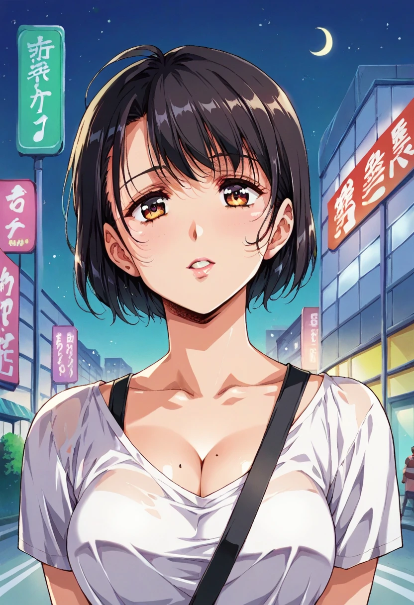 A black-haired woman looking out over the city of Tokyo,Night starry sky,Streetscape、listen to music、Japanese　Black Hair　Cleavage Skyscraper City　Wear a white Y-shirt