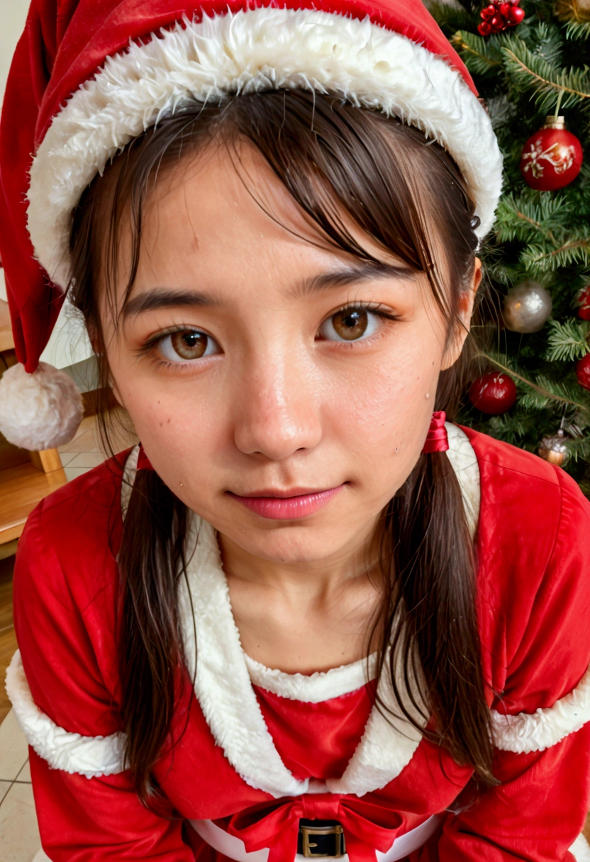  a young Japanese girl in a uniform in a ponytail 、 in a traditional Japanese bathroom setting、 realistic skin、sweat、 has a confused expression 。 She wears adorable cute innocent pink Santa Claus clothes and has the cutest realistic smile 、 has spread her legs to reveal her genitals 。 ( top quality, 4K, 8k, Highless, masterpiece: 1.2), ultra-detailed, (realistic,  Photorealistic, Photo - Realistic: 1.37)、  1 girl 、 beautiful detailed eyes、 Beautiful Detailed Lips、 extremely fine eyes and face 、  long eyelashes 、  realistic facial features 、Realistic human body、 realistic skin質/リアルなsweat/ spreads legs / diffuse urine and defecation /、( extremely young and very small ), (( the cutest in the world )),  confused expression 