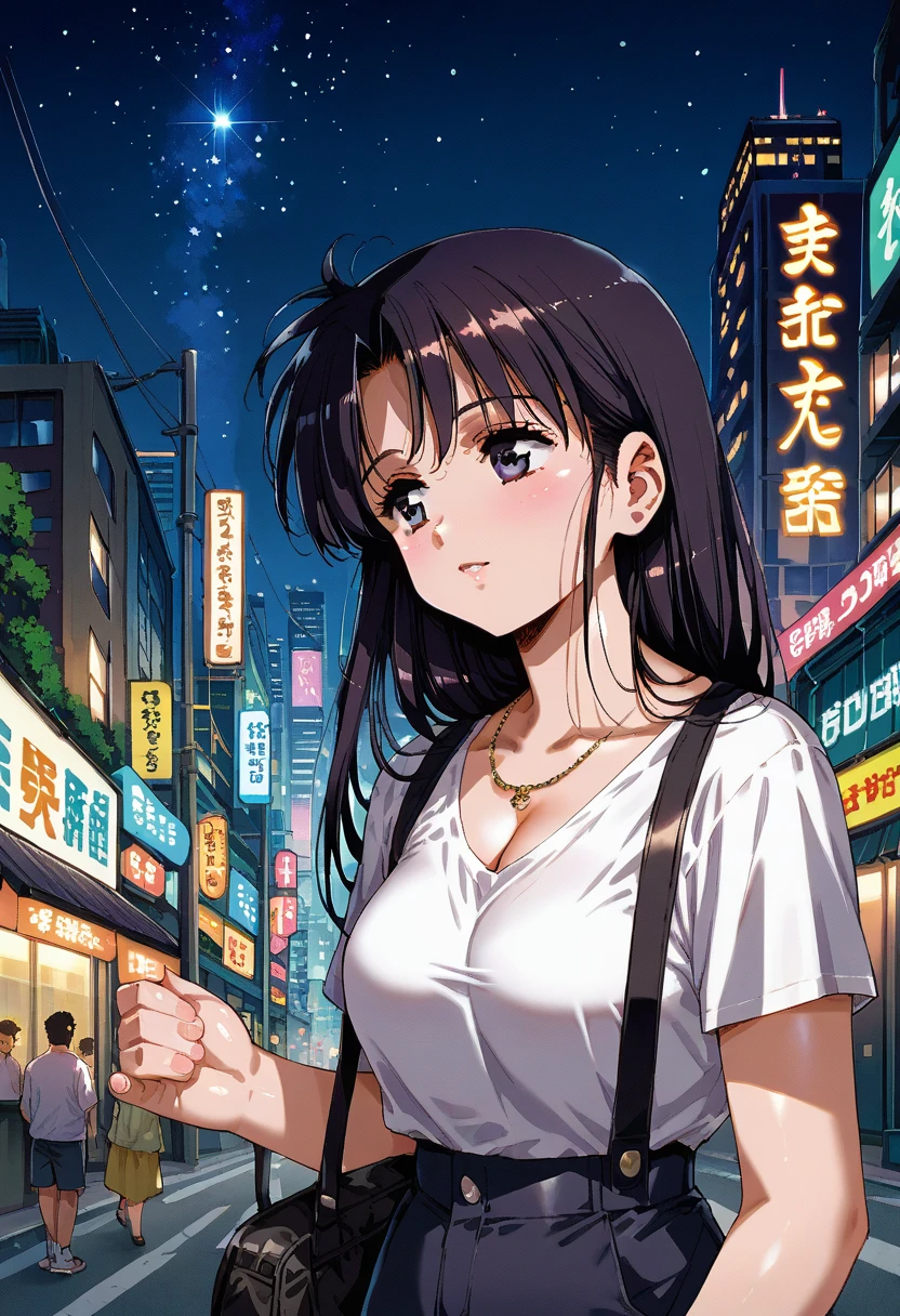 A black-haired woman looking out over the city of Tokyo,Night starry sky,Streetscape、listen to music、Japanese　Black Hair　Cleavage Skyscraper City　Wear a white Y-shirt