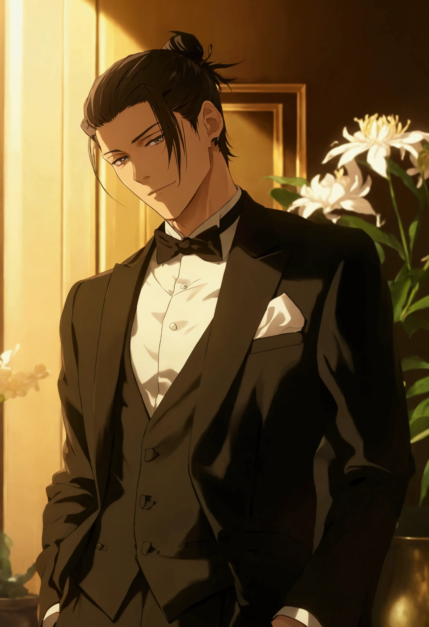 (Masterpiece, Best Quality:1.3), absurdres, (8k resolution), (Traditional Media:1.2), Manga, illustration, <lora:LiRengFang-03:0.8>, male focus, foot out of frame,  sitting, (tuxedo, necktie:1.3), crossed legs,  seductive smile, (detailed face, detailed eyes:1.2), sharp focus, (details:1.2), (depth of field), arm up, couch, flats, high quality, (twilight:1.1), dynamic pose,  head rest, contrapposto, (shadow), casino, playing card
