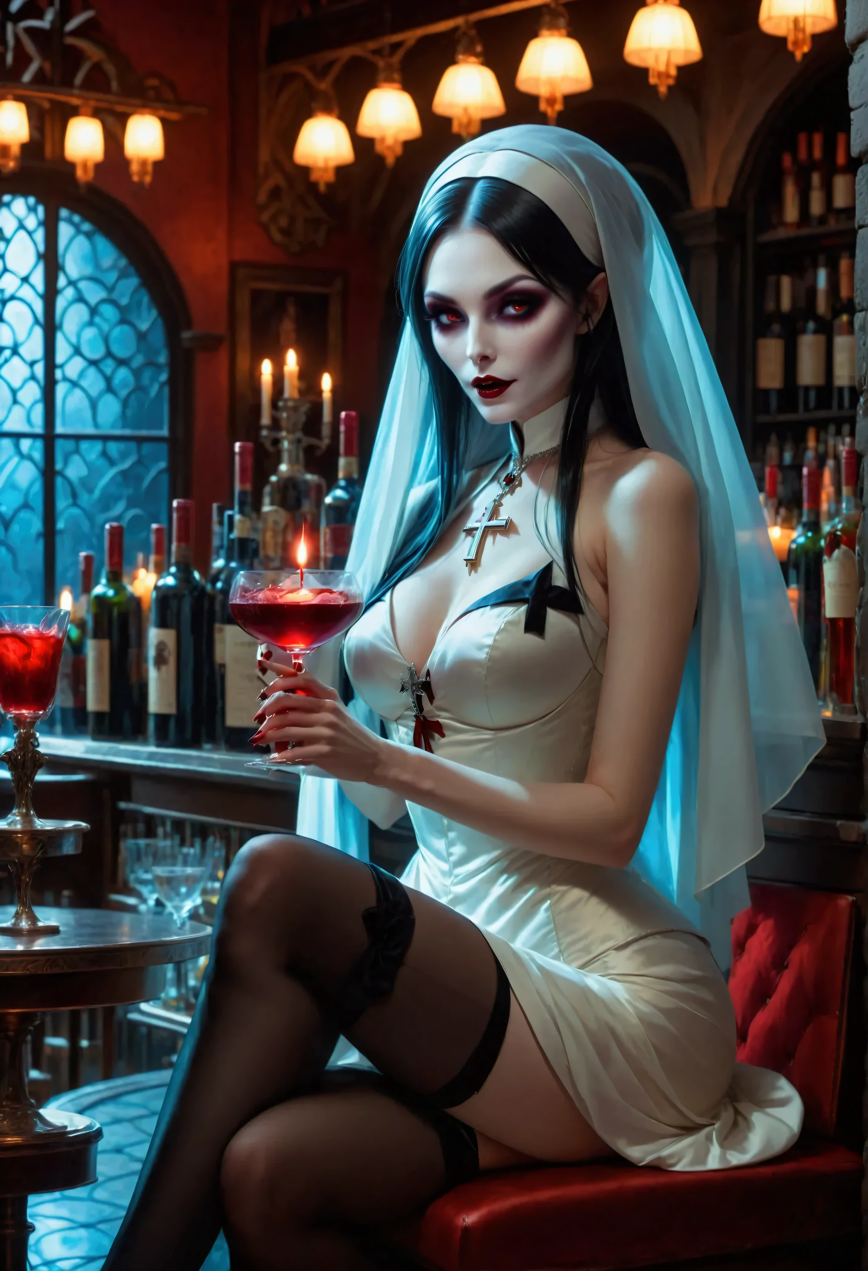 a portrait of a 1beautiful vampire Catholic nun sitting in a goth bar, sipping a dark red cocktail, wearing a white catholic nun habit, full body, slightly hiding the edge of white silk stocking, (vampiric fang: 1.3), wearing high heels, smirking, silver cross choker, make up, blond hair, long hair, eye reflection, intense azure eyes, light makeup, shy, blush, goth bar background, wine bottles, lit with candles, photorealistic, Realism, depth of field, cinematic lighting, dim light, full body, silhouette, from side, Ultra-Wide Angle, retina, UHD, best quality, 16k, highres, high details,vampyfangs1, Cinematic Shot