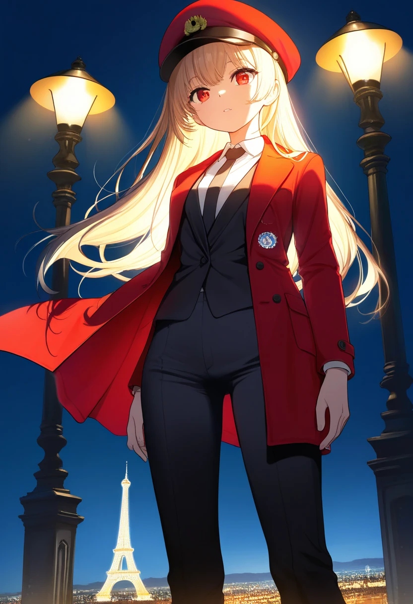 (realistic:0.2),  Anime illustration , 1 ,, red coat, large red hat , in paris france, sfw,  black pants ,  black office shirt,, carmen healthcare,, blue sky,,  long hair,,  dramatic lighting , lights, epic lights, light on the face, backlit, facial light, Illuminated face, fill lamp,  fill light , ((  masterpiece )),   (carmen_healthcare_v1-1_Shurik-2000:0.6)