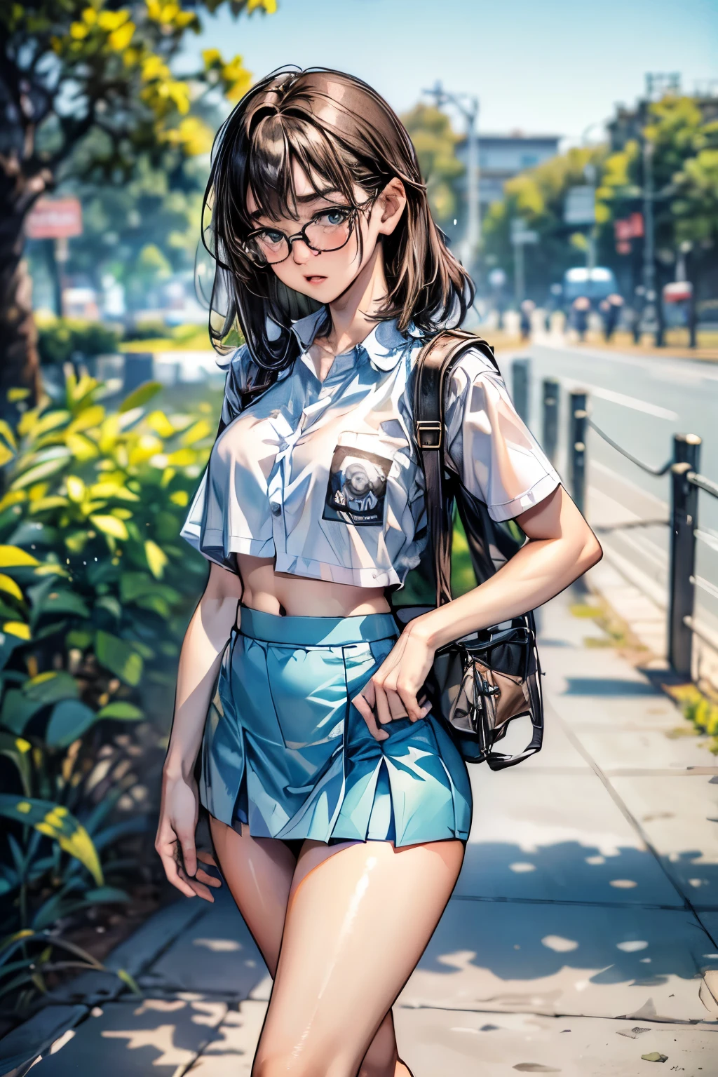 18 years old girl, (((at park))), (transparent white shirt), (mini skirt:1.6), (pastel blue skirt), RAW photo, (photorealistic:1.37, realistic), highly detailed CG unified 8K wallpapers, 1girl, ((slender body:1)), (small breasts:1.3), looking at viewer, ((straight from front)), (HQ skin:1.2), (clean skin:1.2), 8k uhd, dslr, soft lighting, high quality, film grain, Fujifilm XT3, (full body:0.8) , tokyolagii , (bold glasses), full body in, perfect body, two legs, long legs, naval, (wide waist:1.2), (big tigh:1.3), crop top, oversized, (cleavage:0.7), sad, blushing