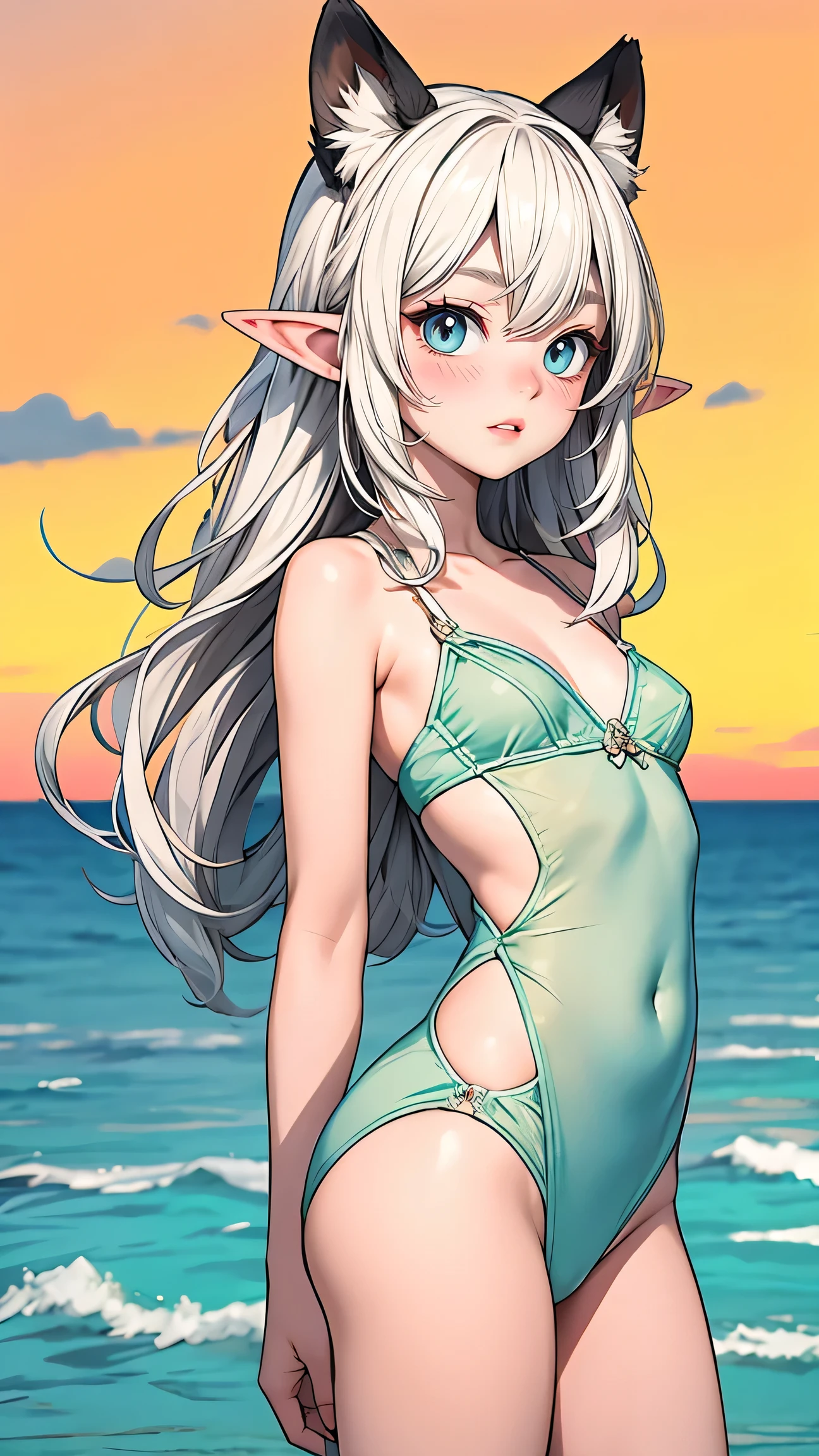 platinum hair,,long hair,blue eyes,pointy ears,elf,tall,((bikini)),(((blush,sensual,tempting))),blush,wet,sweat,on the be
