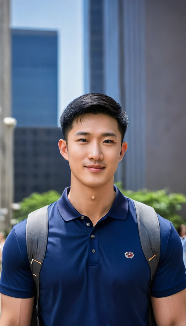 1boy, orimale ,Orimura, black_eyes, black_hair, male_focus, realistic ,  bright eyes  ,smile, Buzz Cut Drop Fade , Handsome Chinese Man with a Little Mustache , is muscular ,blood vessel,Broad shoulders, Wear a navy polo shirt with short sleeves without a logo and jeans. Backpack