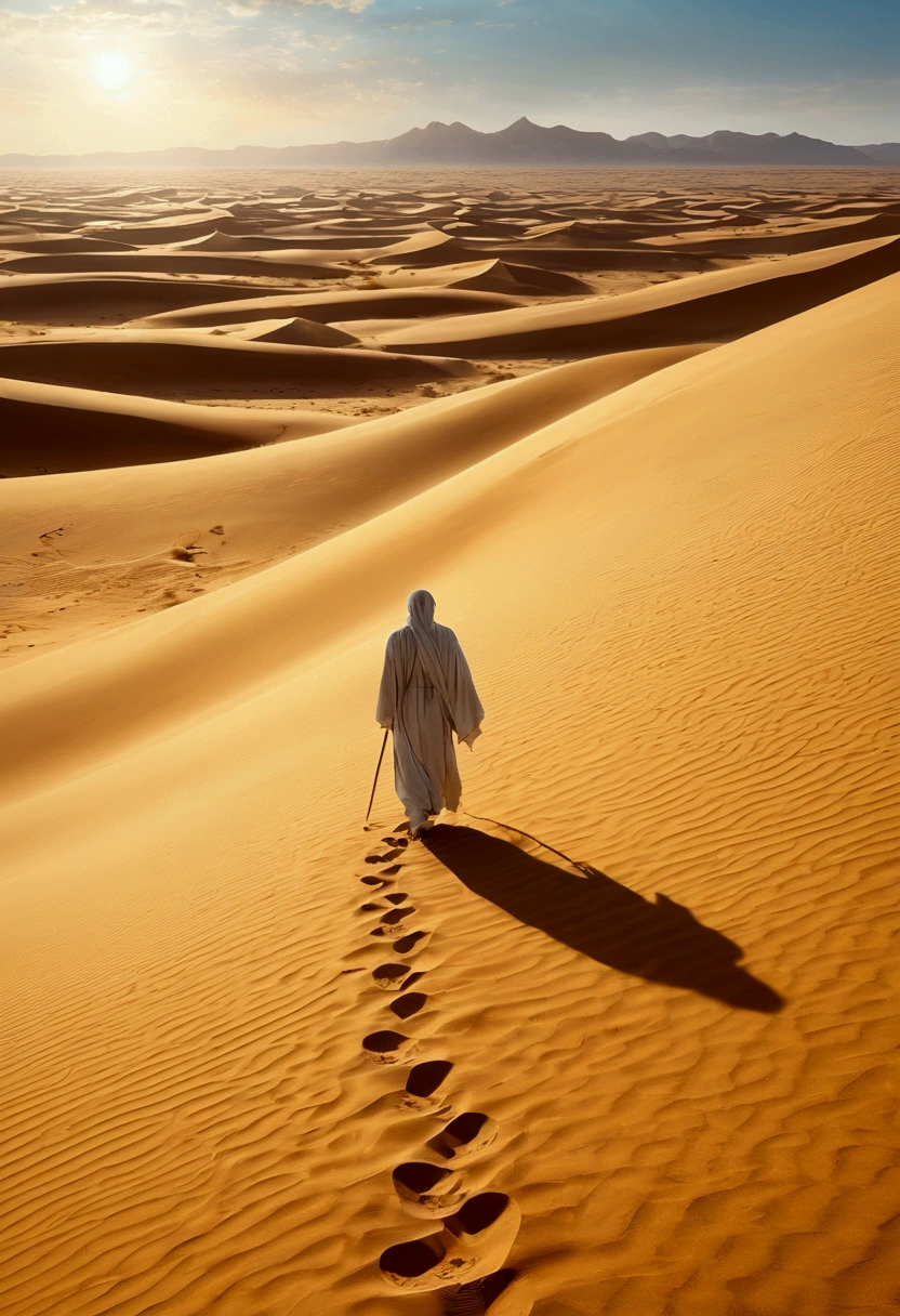 detailed illustration, ultra detailed, A sprawling, golden desert stretches endlessly under a blazing sun, its sand dunes rising and falling like waves frozen in time. At the center of this arid expanse, a solitary figure clad in flowing white robes trudges forward, their footprints trailing behind and quickly swallowed by the shifting sands. The traveler carries a simple staff, their silhouette stark against the vast emptiness, evoking a sense of resilience and solitude. The sky above is a pale, washed-out blue, with a distant mirage shimmering at the horizon. The atmosphere is both serene and daunting, capturing the enormity of the landscape and the quiet determination of the lone wanderer