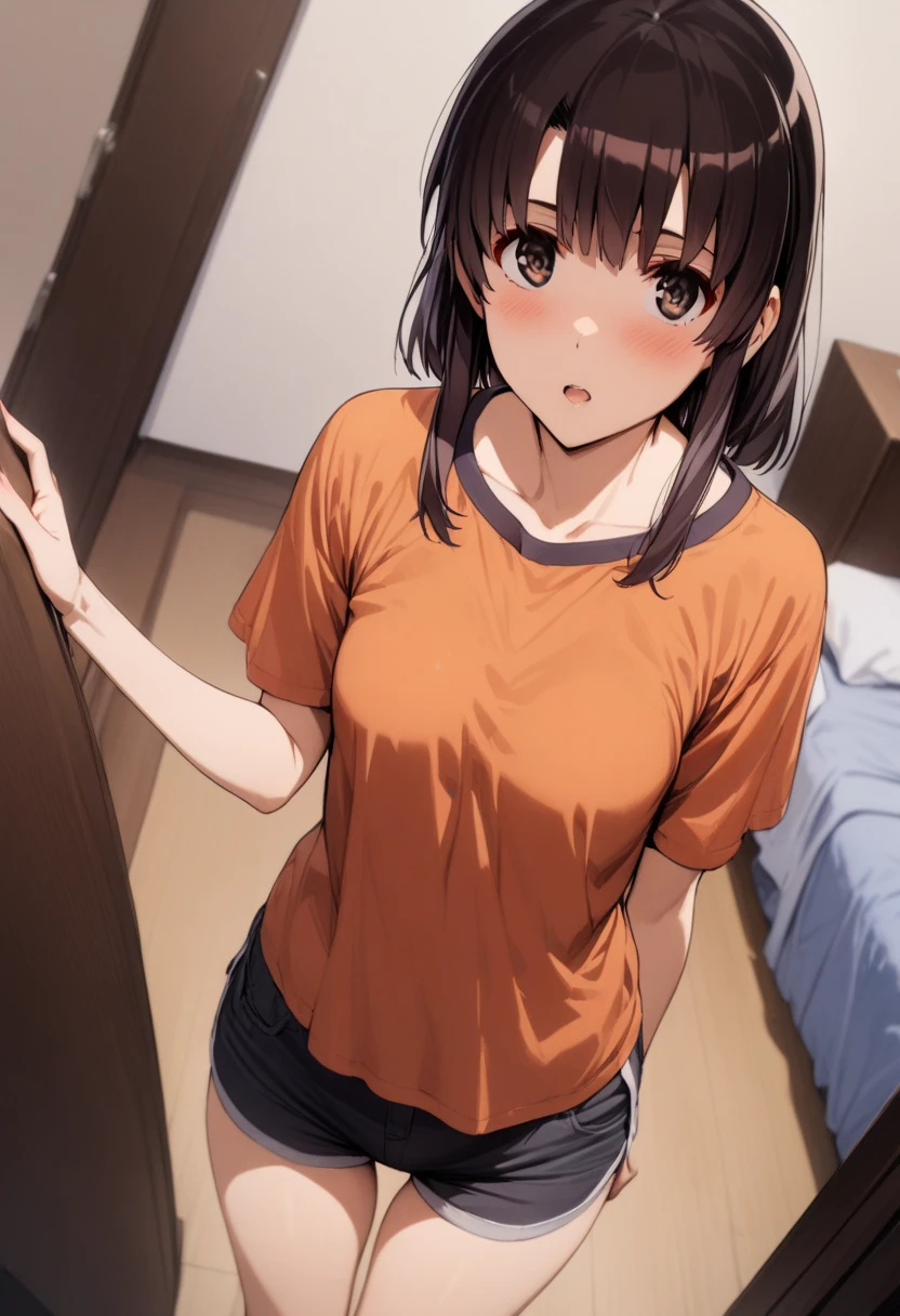 1girl,solo,megumi katou,short black hair,shirt,shorts,room, masterpiece, best quality,ultra detailed,