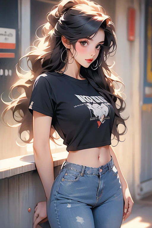   A pretty girl,  20 year old , Black t-shirt with long hair and casual style jeans  ((FIRST WORK)) (( style))