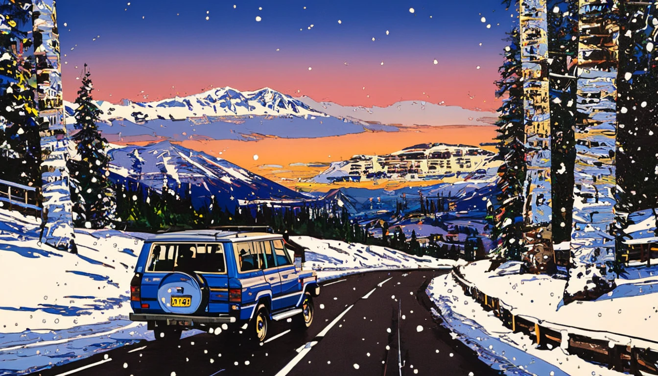 Highest quality，masterpiece，Hideto Suzuki, Toyota Land Cruiser70 4WD car, snow trees on the road near ski resort，winter，ski resort,  Toyota Land Cruiser70 4WD car, sunset，Nostalgia,ski,snowbord