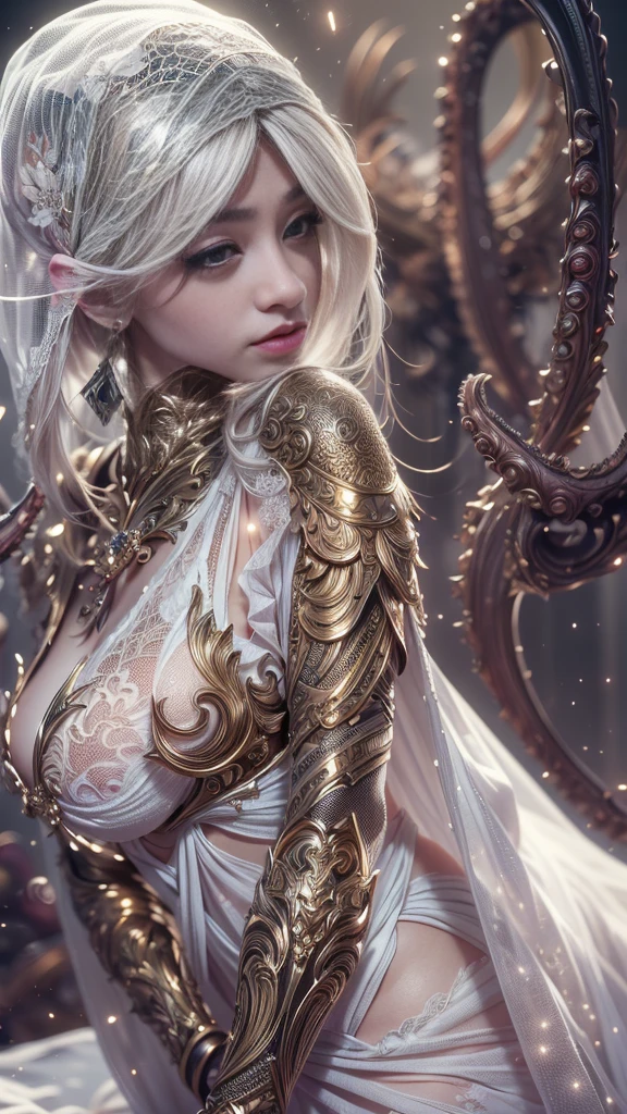 White forest background, Polar Lights, Erotic pose, white hair pores, , big eyes, The body is covered in a tattoo, Red lips, Erotic, dark light,, White dress