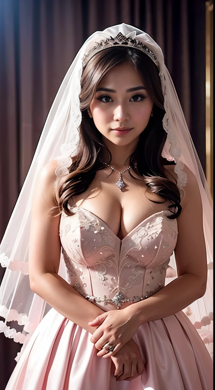 Girl with huge sagging breasts with a sweetheart neckline and a lace neckline ,bridal veil and bouquet