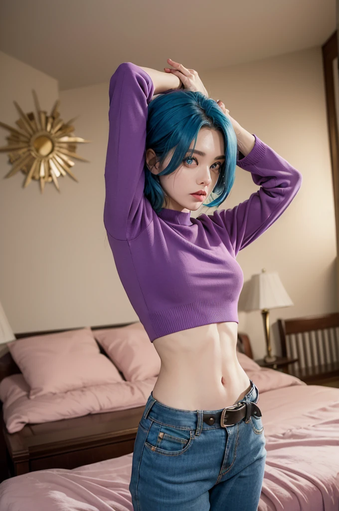 girl, blue hair, purple eyes, long sleeved velvet top, midriff, navel, long pants, belt, jewels, on bed, stretching arms, relaxed, royal bedroom