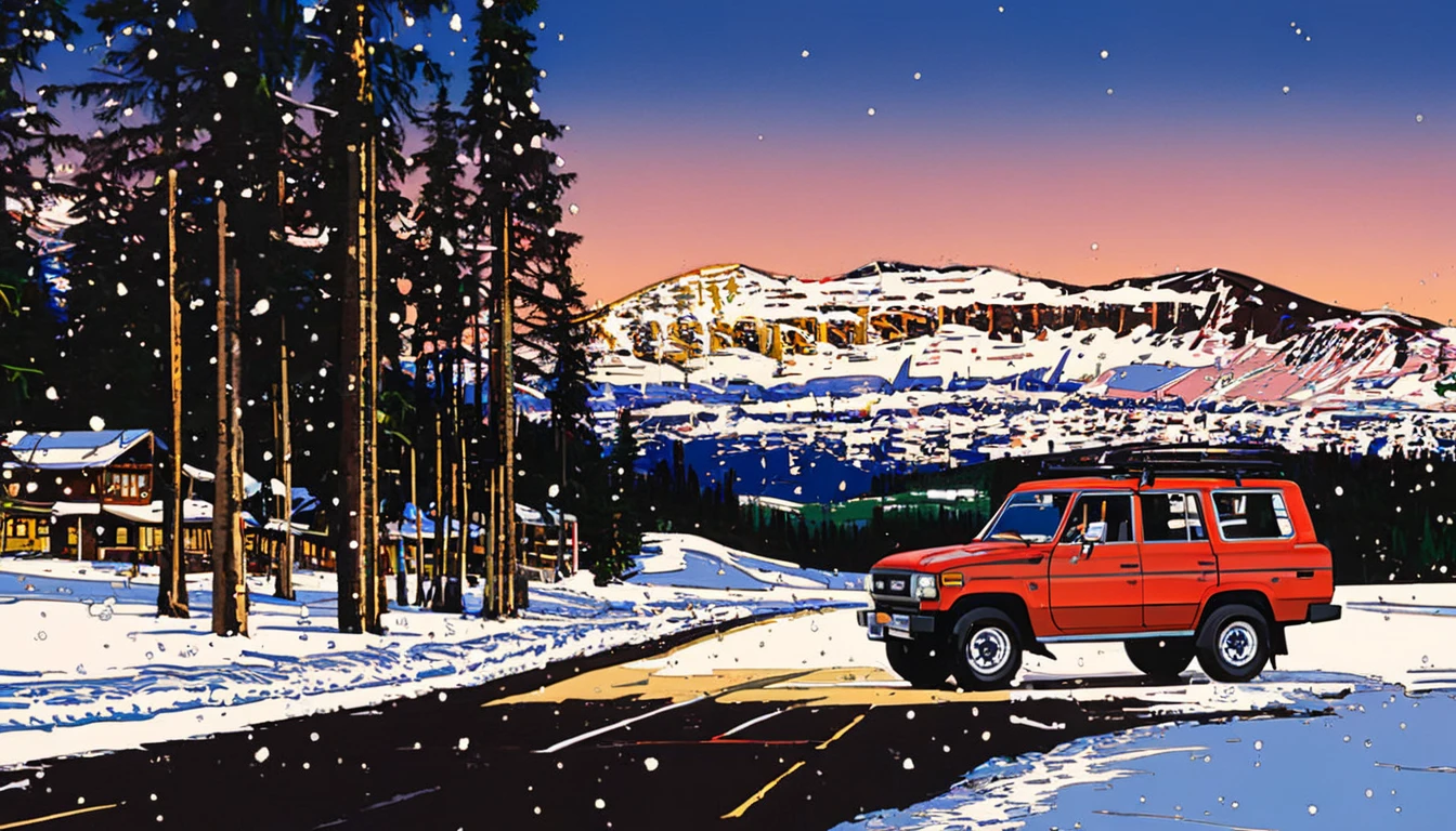 Highest quality，masterpiece，Hideto Suzuki, Toyota red Land Cruiser70 4WD car, lodge,snow trees on the road near ski resort，winter，ski resort,  Toyota red Land Cruiser70 4WD car, sunset，Nostalgia,ski,snowbord