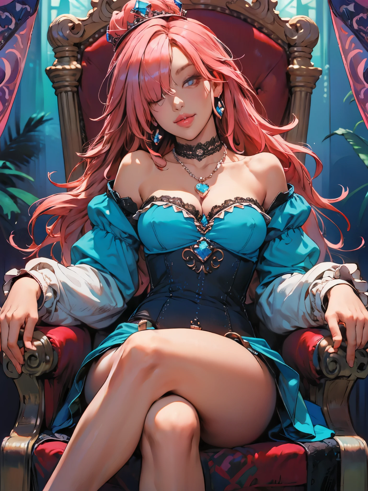 girl, sitting, head tilt, on throne, breasts, thighs, lace-trimmed strapless mini dress, long hair, messy hair, hair over one eye, looking at viewer, smirk, detached ruffles sleeves, loose sleeves, jewel crown, pendant earrings, lace choker, pendant neclace, poster design, psychedelic colorscheme, botanical, light cyan, orange, mythological, chinapunk, high quality, super details, long pink hair, sexy, submissive, seductive, blushing, tease, sharp focus, shiny skin, naughty, lips, blue pink gradient, masterpiece,