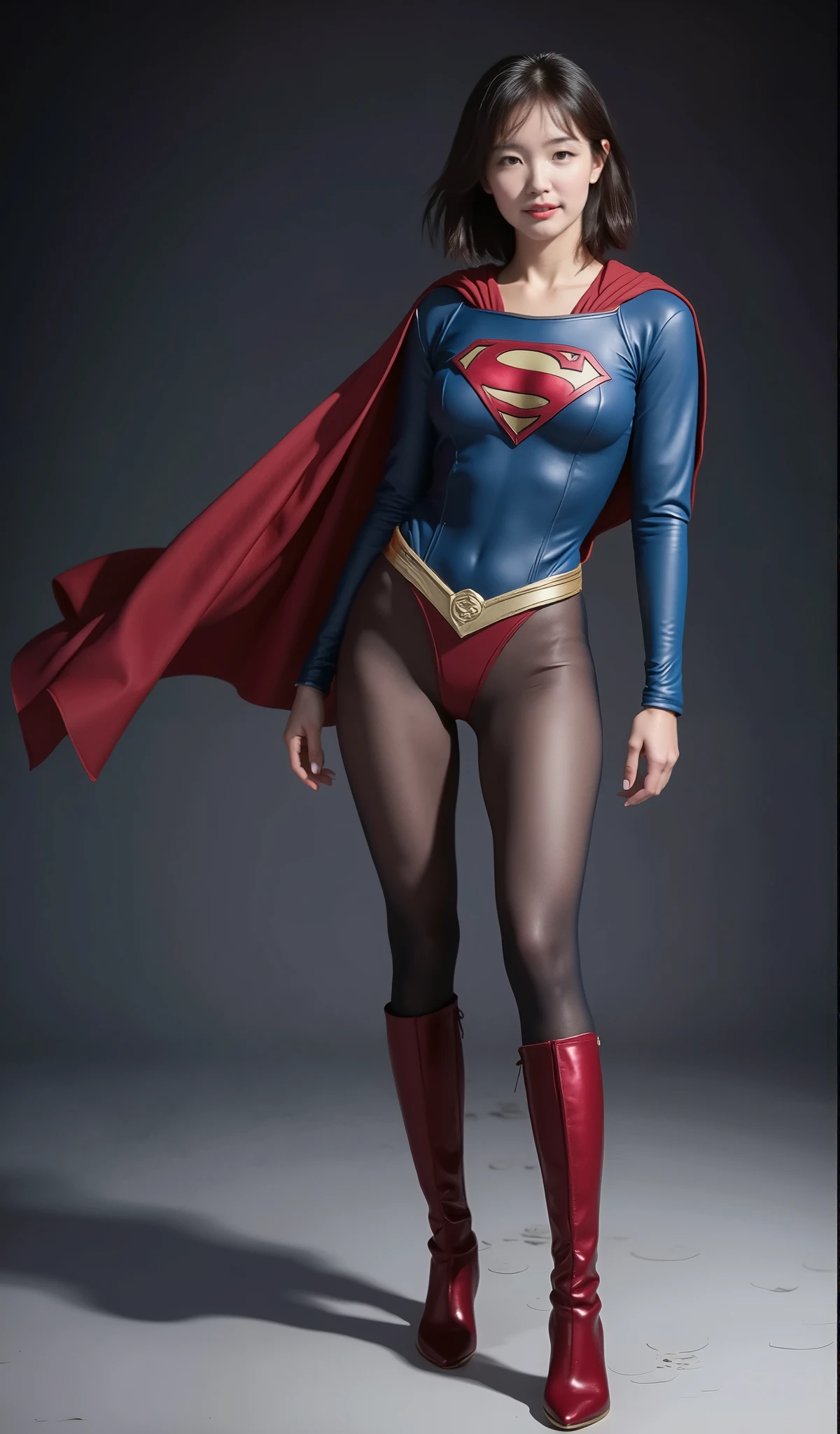 background 、((( Depicting beautiful legs in black tights .)))、((( Legally express the beauty of your smile )))、(((( make the most of your own original image )))、((( Rolling backwards in a supergirl costume )))、(((ボディにフィットした Rolling backwards in a supergirl costume )))、(((Beautiful Hair)))、(((A smile and a wink )))、(((Please wear black tights....、Wear red boots)))、(( top quality、8k))、(( top quality、8k、 Masterpiece :1.3))、(((Save the background )))、 Strong concentration:1.2、 beautiful woman with a perfect figure in a traditional Japanese room sitting on tatami mat :1.4、 slim abs :1.2、 High resolution face and skin texture 、8k