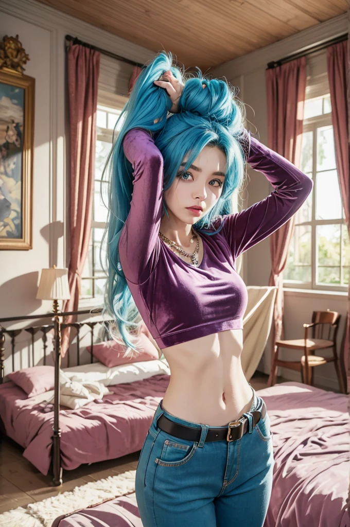 girl, blue hair, purple eyes, long sleeved velvet top, midriff, navel, long pants, belt, jewels, on bed, stretching arms, relaxed, royal bedroom