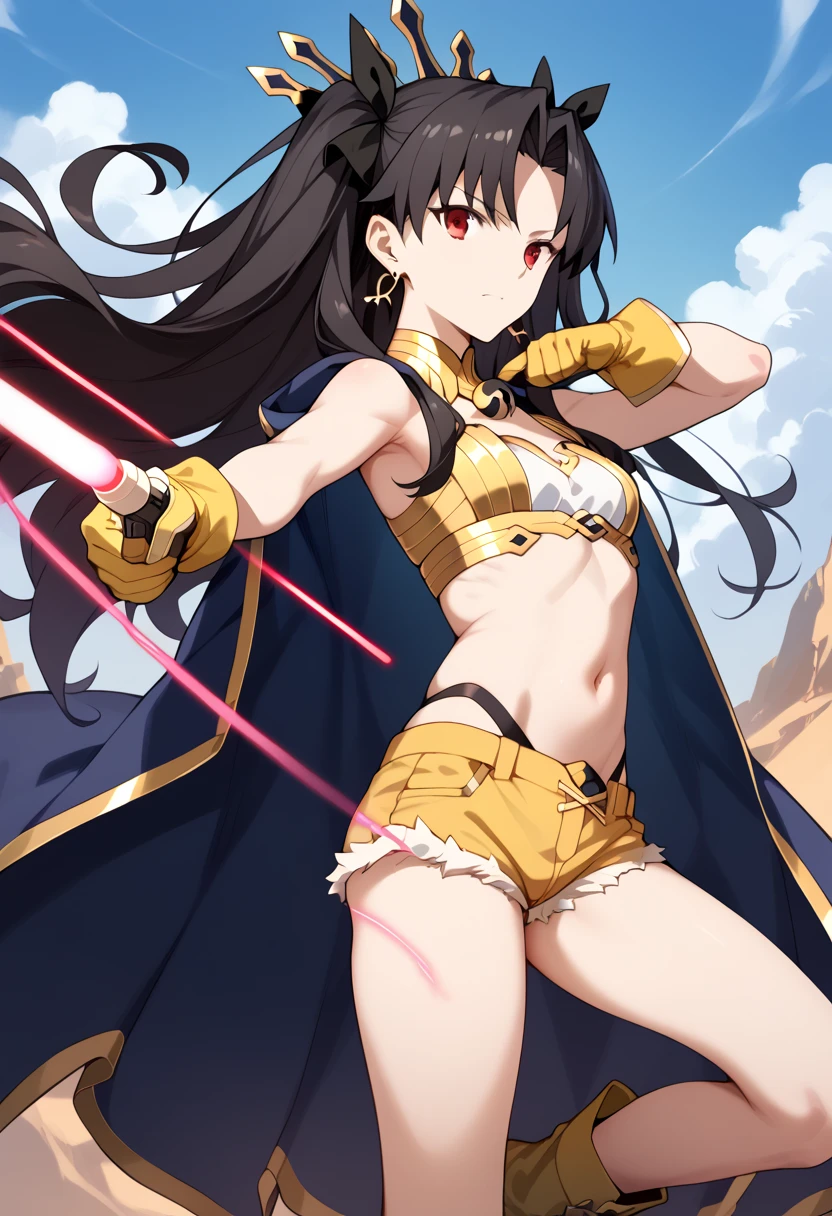 A high definition, highly detailed, highres picture of Space Ishtar {Fate Grand Order} with black hair, red eyes, short, diminutive, short arms, short legs, slender, small breasts, athletic; wearing skimpy yellow vest, yellow hotpants (short shorts), yellow gloves, yellow boots, bare arms, bare belly, bare legs; holding a laser gun, realistic grip and fingering for holding the laser gun; dynamic pose; her cloak flowing in the wind; she is pointing her gun and a smirk on her face