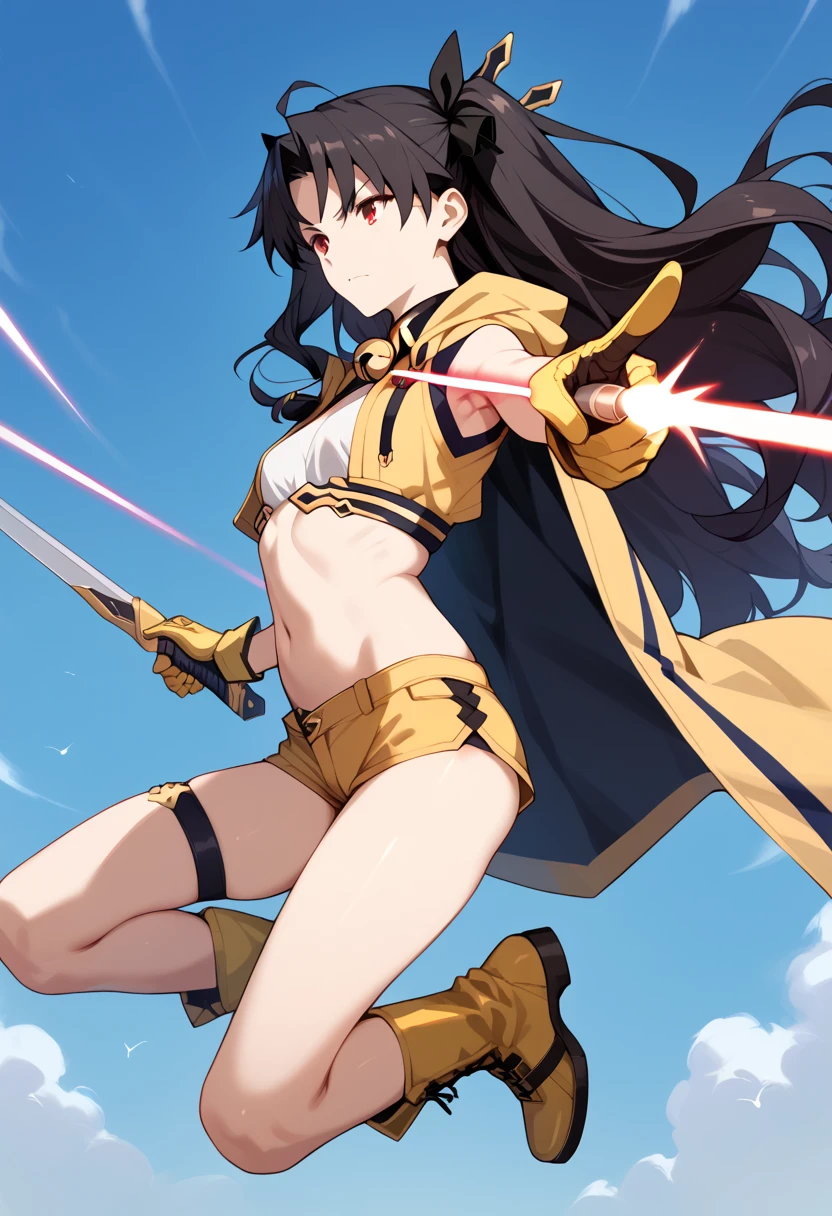 A high definition, highly detailed, highres picture of Space Ishtar {Fate Grand Order} with black hair, red eyes, short, diminutive, short arms, short legs, slender, small breasts, athletic; wearing skimpy yellow vest, yellow hotpants (short shorts), yellow gloves, yellow boots, bare arms, bare belly, bare legs; holding a laser sword, realistic grip and fingering for holding the laser sword; dynamic pose; her cloak flowing in the wind; she is pointing her gun and a smirk on her face