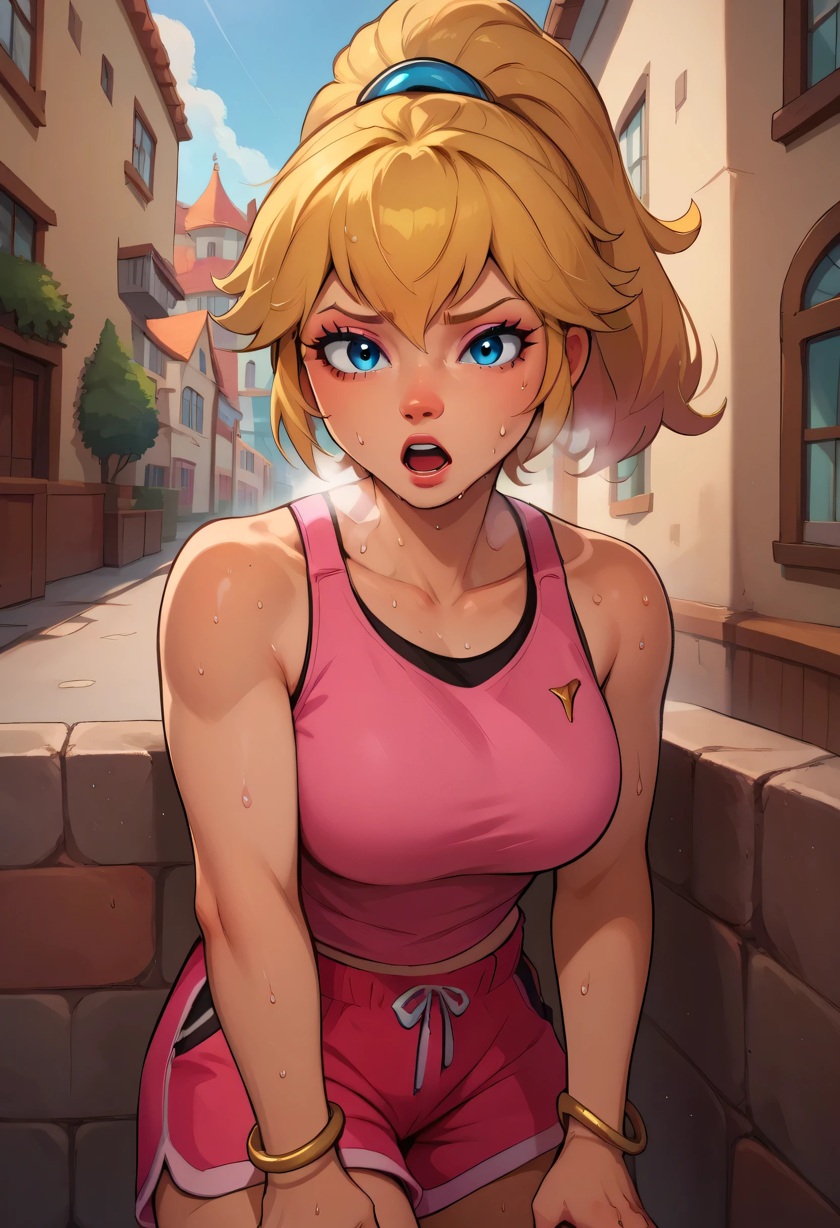 score_9, score_8_up, score_7_up, BREAK,princesspeach, 1girl, solo, , blonde hair, ponytail, jewelry, bracelet, makeup, casual, cowboy shot, blue eyes, looking at the viewer, large breasts,outdoors,city, hands on knees, pink tanktop, sweaty, pink shorts, sweating profusely, open mouth, exhausted, heavy breathing