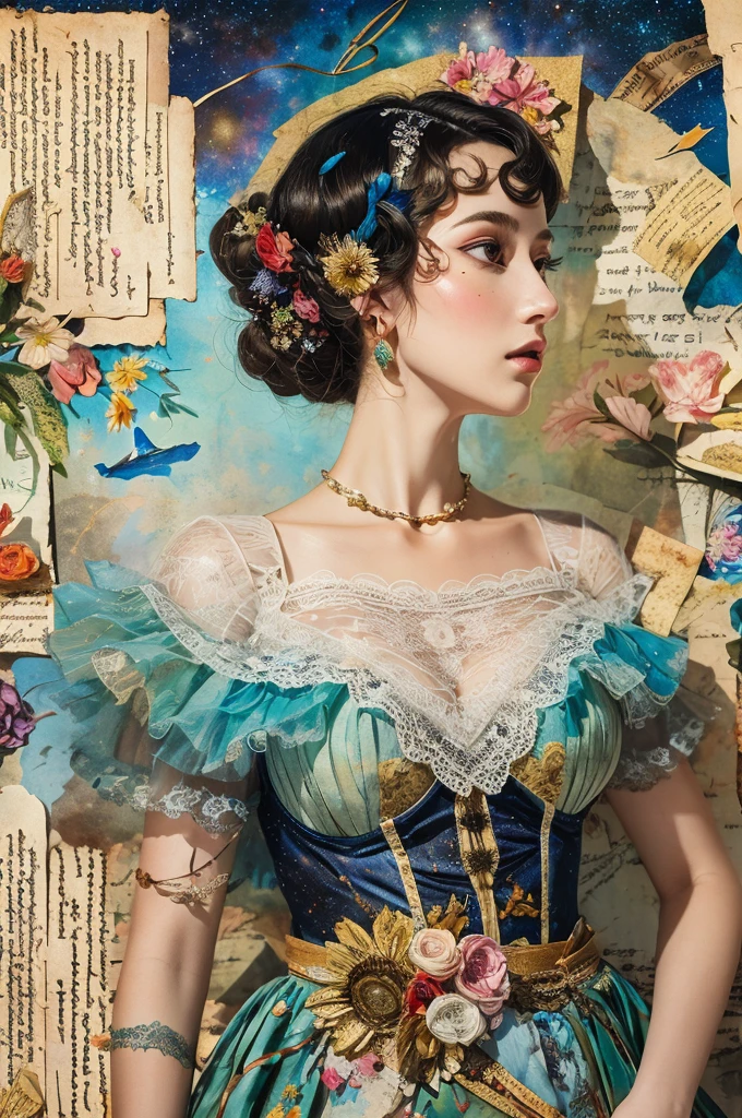 Super detailed alcohol ink painting of gorgeous girl, Made on top of a mixed-media masterpiece patchwork of stress-free vintage script paper, Ephemera, Torn cardboard, Vintage newspaper, Vintage sheet music, Wax Seal, Dress made of paper ruffles and life-size dainty lace, in the style of [Junk Journal, double exposure, Equal to the size of the body, Greg Simkins, Mark Davis, Oliver Jeffers, Andy Kehoe], Cinematic, Stunning, Highly detailed, 8K, dehazed