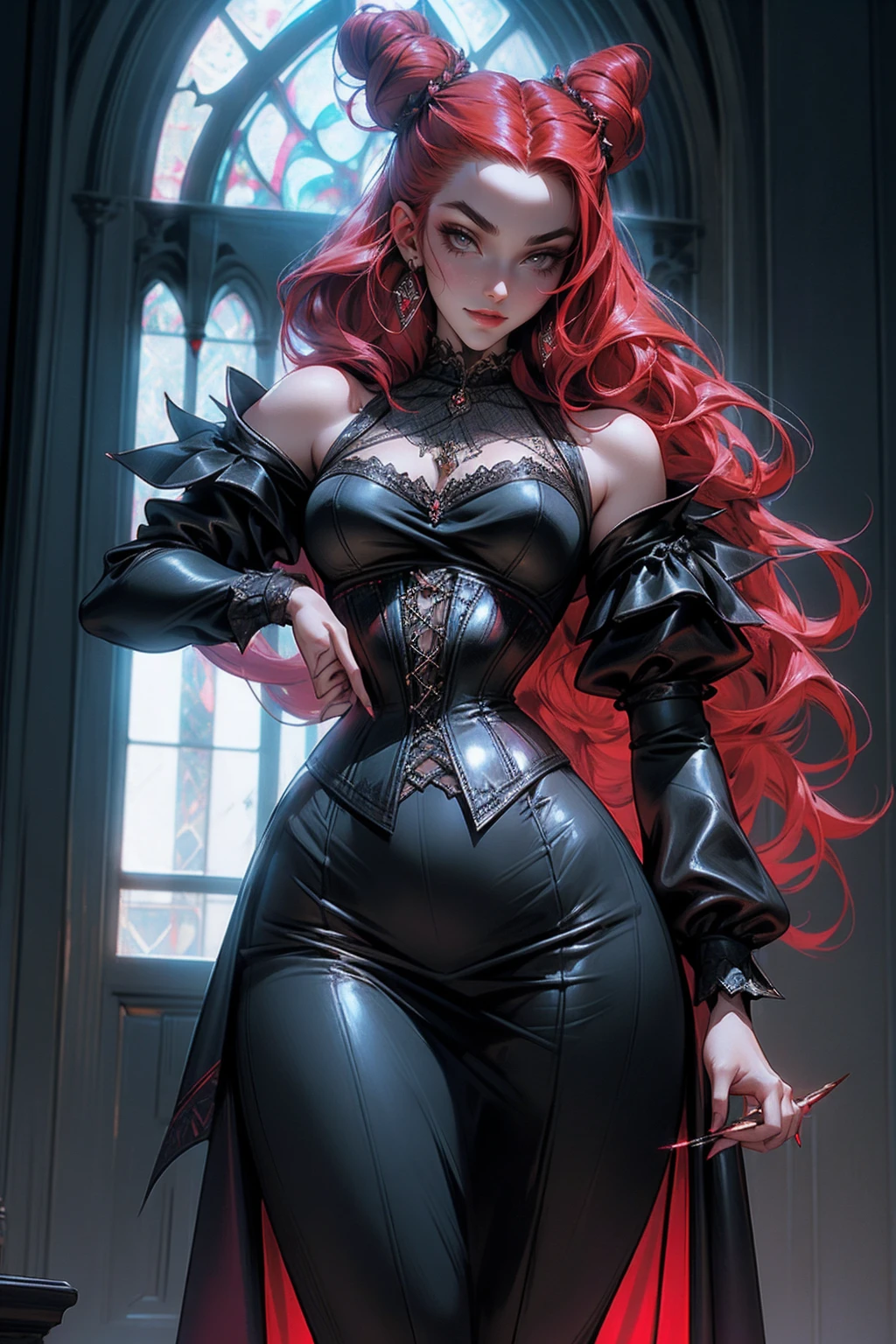 highest quality, ultra high resolution, super detailed, gorgeous, masterpiece, best quality, high resolution finely detailed, extremely beautiful, distinct image, glistening caramel brown skin, piercing golden eyes, curly fiery red hair, slender alluring older woman, 40 years old, elegant long empress dress, (((MILF))), 1 woman, solo, sharp facial features, empress like aura and majesty, symmetrical shaped face, fiery red lips, medium height(174cm), slender and thick, toned body type, Gothic modern city setting
