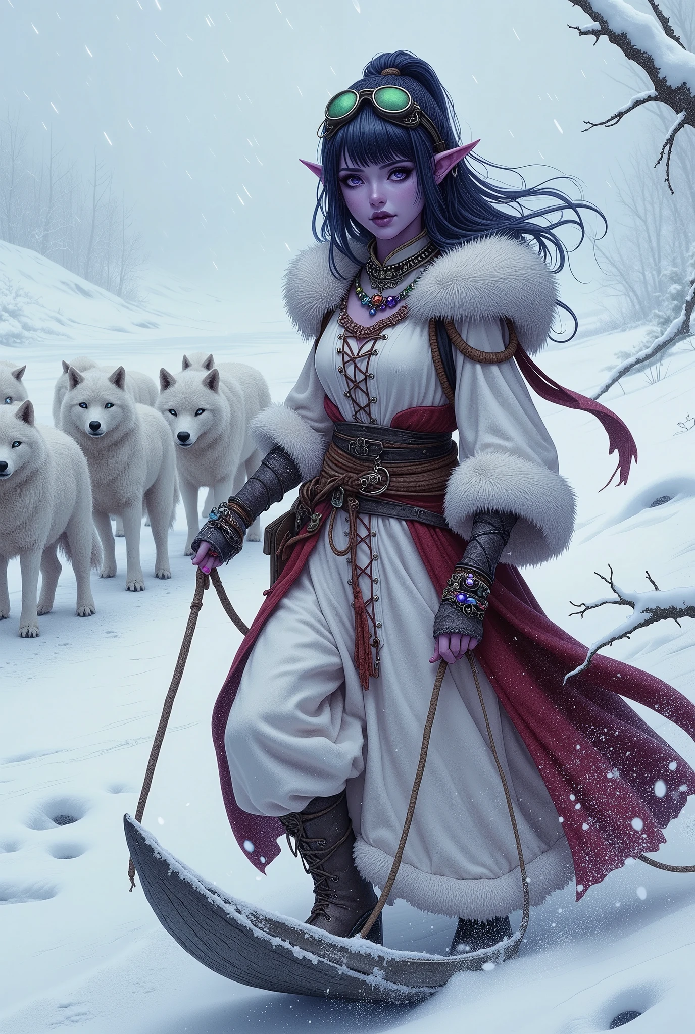 (Ultra-detailed face, Looking away, Fantasy Illustration with Gothic, Dark tone colors.), BREAK 
(A blizzard is shrouding the area in white, and a female dark elf explorer is riding a sled across a vast frozen snowfield with a pack of white wolves pulling a sled. Everything is frozen. The female rogue holds the reins of the wolves with one hand and holds up a hand to protect her face from the snow.), BREAK 
(The young female dark elf rogue has half black, half gray hair with white eyebrows, blunt bangs, hair tied in a bow around her shoulders, small pink lips, dark purple skin, and thick eyeliner.), BREAK 
(A female dark elf rogue wears goggles shifted across her forehead and a lace-up dress of pure white velour fabric with fur and a thick cloak. She wears a wide crimson sash around her waist and a necklace and bracelet made of iridescent beads. She wears boots with white fur.), BREAK 
(This is the extremely cold north, where even time freezes. The plains are covered in snow and ice, where legend has it that white dragons live. A blizzard is always blowing and a thick white fog covers the area.)