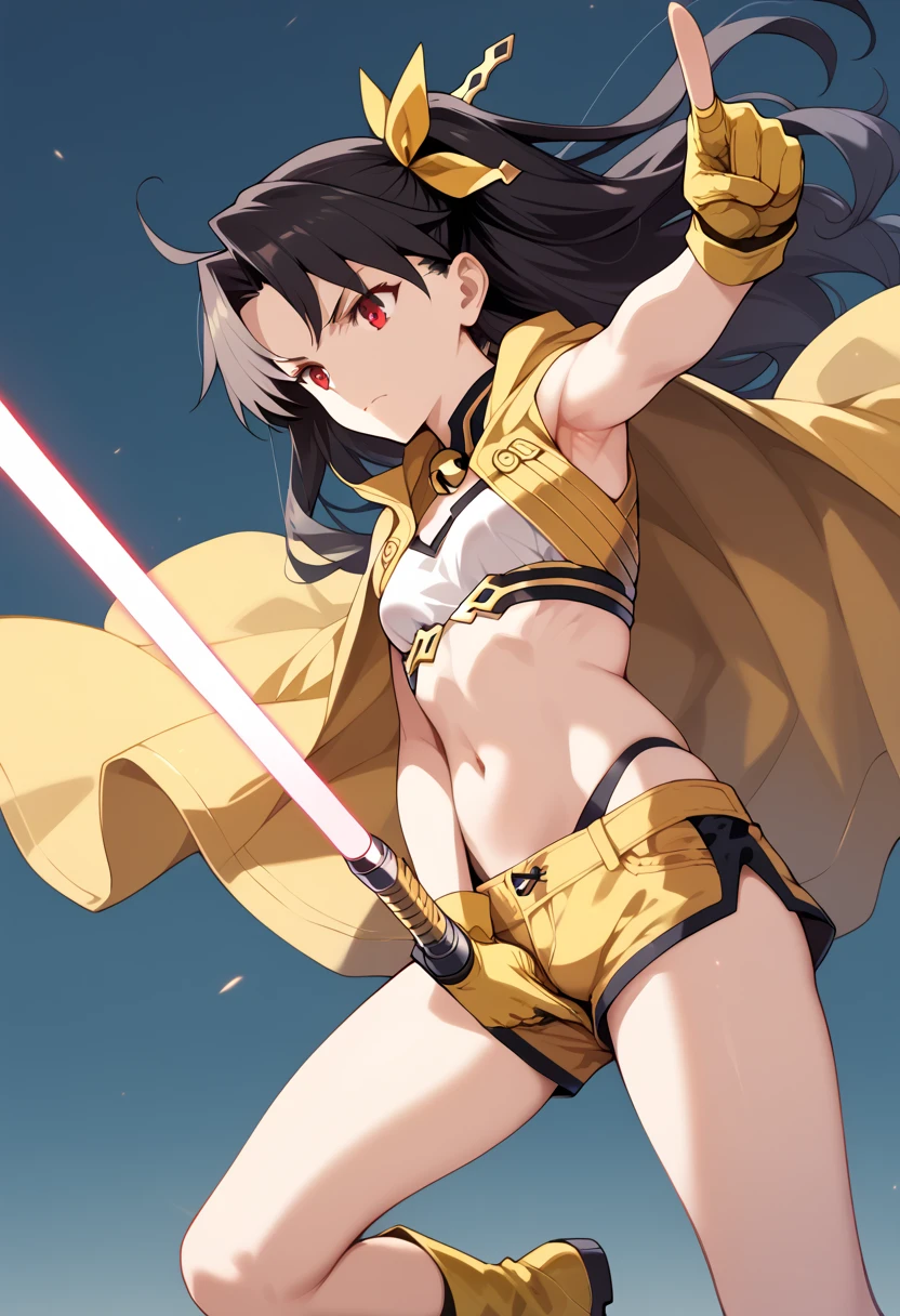 A high definition, highly detailed, highres picture of Space Ishtar {Fate Grand Order} with black hair, red eyes, short, diminutive, short arms, short legs, slender, small breasts, athletic; wearing skimpy yellow vest, yellow hotpants (short shorts), yellow gloves, yellow boots, bare arms, bare belly, bare legs; holding a light saber, realistic grip and fingering for holding the light saber; dynamic pose; her cloak flowing in the wind; she is pointing her gun and a smirk on her face