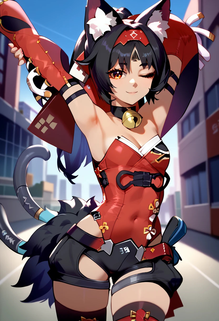 (Masterpiece, Ultra-high resolution, 8k, High Quality, Top quality, High-Detailed, Detailed CG, Cinematic Shadow:0.5, Beautiful Detailed Eyes, Ultra Resolution, Depth of Field, High Resolution, Masterpiece: 1.2), (Anime Art style), (cowboy shot), (cowboy shot), (city), 1girl, solo, nekomiya, red eyes, black hair, dark skin, ponytail, cat ears, cat tail, two tails, hairband, red bow, hair bow, forehead mark, sleeveless shirt, red leotard, black shorts, detached sleeves, puffy long sleeves, bridal gauntlets, choker, neck bell, thighhighs, red footwear, knee boots, black fur, small breasts, beautiful breasts, smile, stretching, arms up, one eye closed, closed mouth,