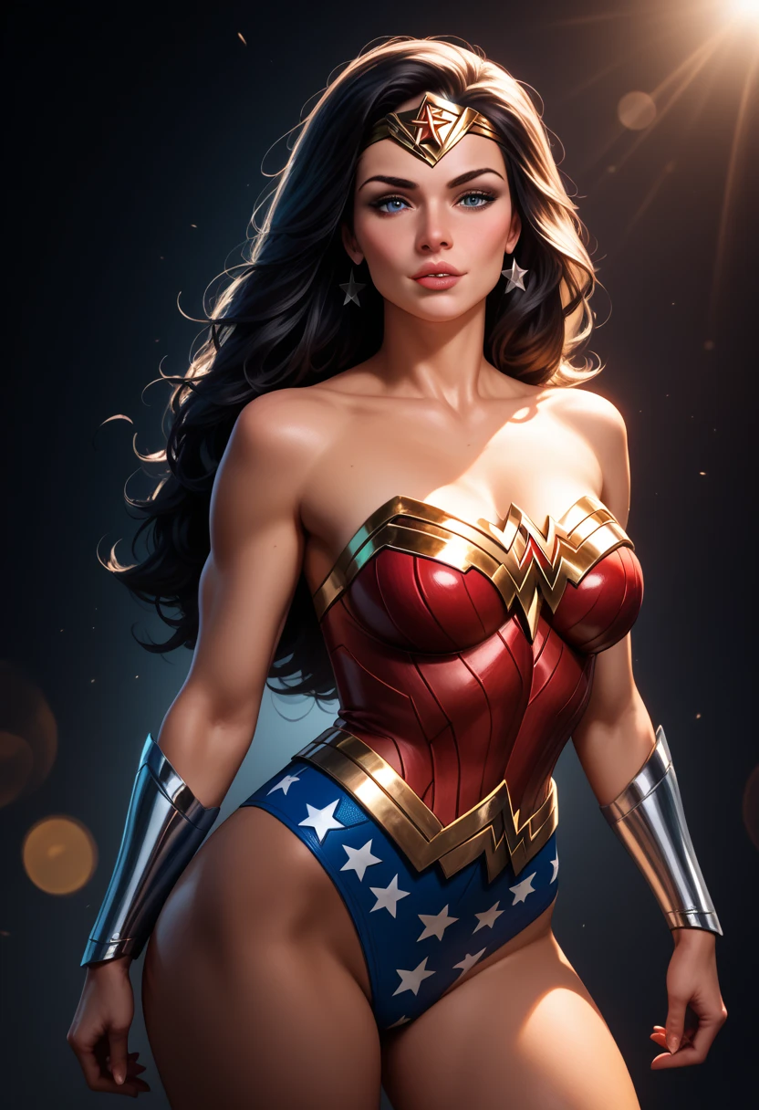 The character Wonder Woman , perfect costume, gorgeus blue eyes, perfect curves, beautiful face, seductive mouth, beautiful and stunning face 