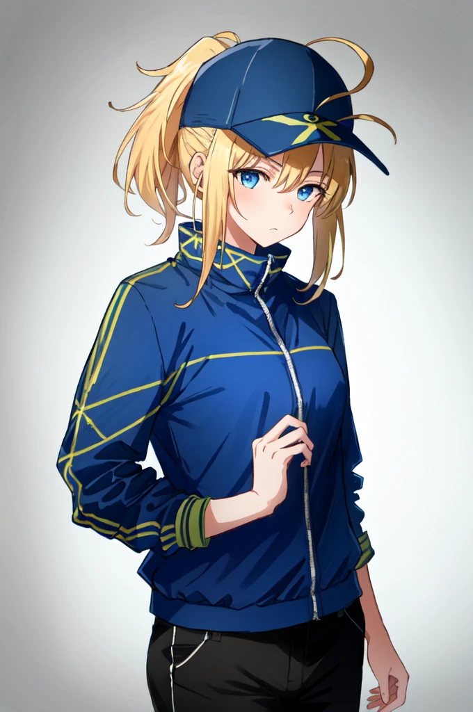  drip jacket , white background ,  shirt,  closed mouth , Open the clothes, black pants, pants,  1 girl , black  shirt,  viewers,  jacket, Alone, Put your hands together, (  Masterpiece  :1.4), ( top quality:1.4),  realistic ,  1 girl , Front View, Serious, Mysterious heroine xx  \(destiny\), Ahoge, Baseball cap,  blue head ornament,  hair through headwear, 