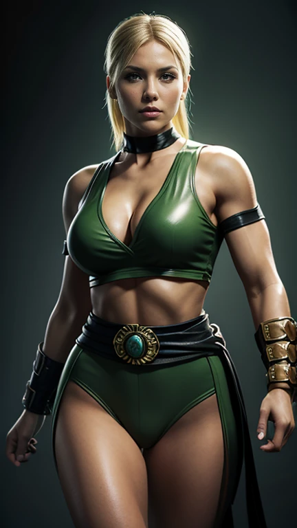 score_9, score_7_up, BREAK, 1girl, solo, sonya blade \(mortal kombat\), headband, crop top, green shirt, cleavage,
