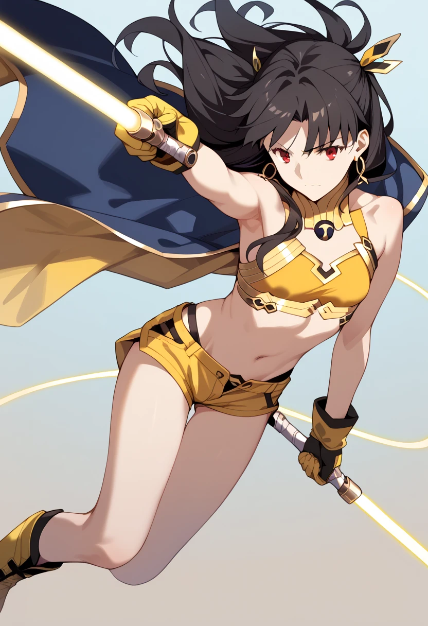 A high definition, highly detailed, highres picture of Space Ishtar {Fate Grand Order} with black hair, red eyes, short, diminutive, short arms, short legs, slender, small breasts, athletic; wearing skimpy yellow vest, yellow hotpants (short shorts), yellow gloves, yellow boots, bare arms, bare belly, bare legs; holding a light saber, realistic grip and fingering for holding the light saber; dynamic pose; her cloak flowing in the wind; she has a smirk on her face