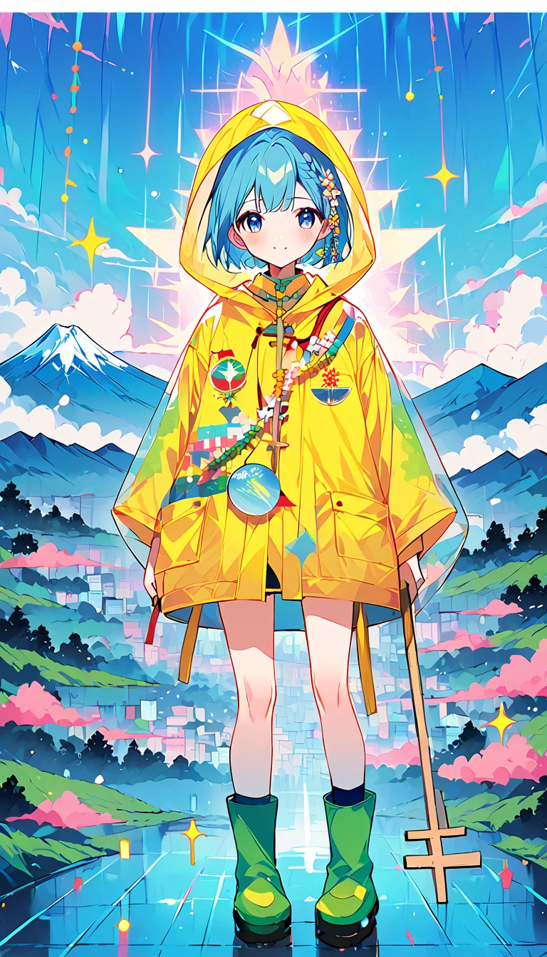 vaporwave Japan on horizon but Catholic with Tori Gates & Japanese castles with Crosses on them, and Great wave of Kamagawa and Mount Fuji and Tokyo skyline in background, sky is cosmic with celestial bodies & nebulas, stars. great wave of Kamagawa Outrun grid, greeting Vatican Jubilee  year girl mascot, Luce in yellow raincoat with yellow hood on, blue hair, wearing rosary and green boots. add japanese Imperial Red Rising Sun flag with Rays overlaying image and vaporwave sun.