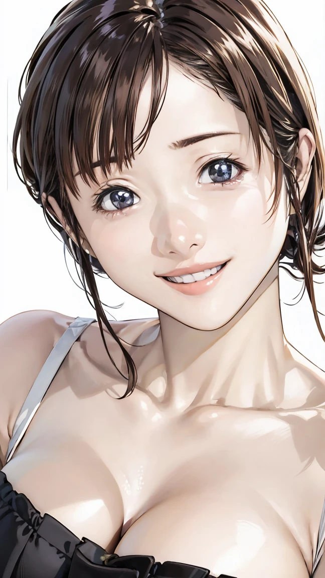  ( office)、close ~ eye、smile、 embarrassing、 shorthair,They Hesitate , wet hair ,   Wakino, Big Breasts,  realistic  butt crack , ( high color saturation:1.0),  ( very detailed肌), ( top quality:1.0), ( super high resolution:1.0) ,( realistic :1.0), ( very detailed:1.0), (8k,  RAW photo:1.1), rise of the center , feet , Yoshizuki Iori,brown hair,( Ishihara Satomi),