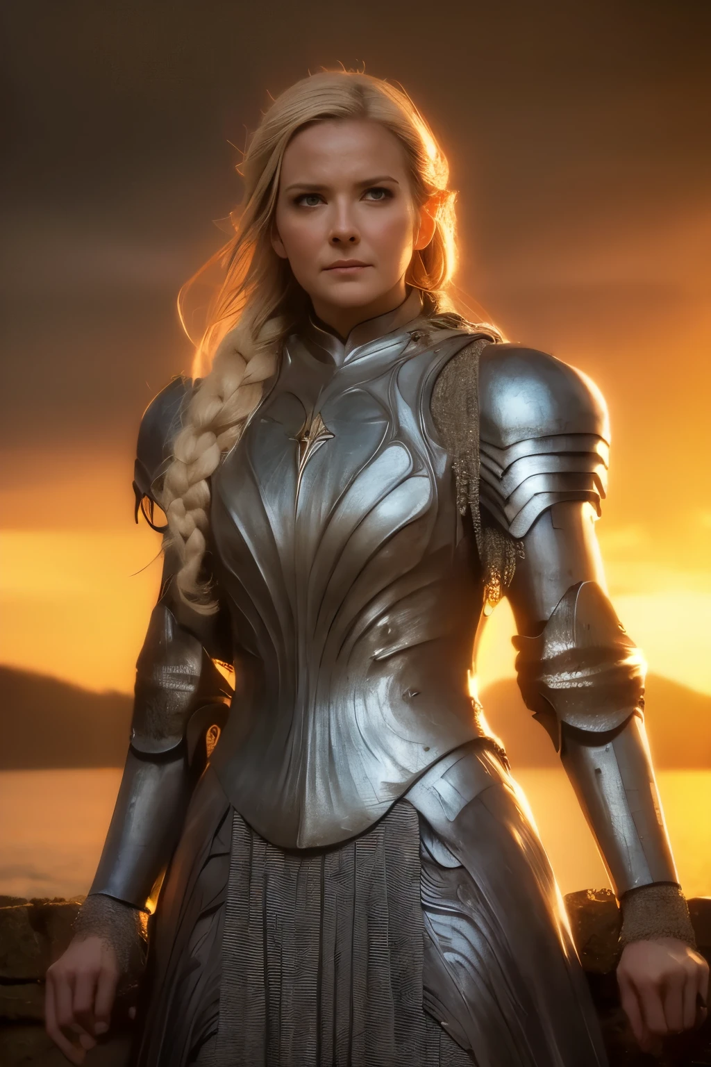 Galadriel, inspired by the series "The Rings of Power", (((L4L4 face))),  in a majestic pose at the center of the scene ,  wearing shimmering armor and elven details,  with its blond hair flowing under a golden light .  The background shows an epic landscape of golden Middle Earth ,  with distant mountains ,  dramatic sky and beams of heavenly light .  Determined expression and intense gaze ,  capturing your strength and wisdom .  Hyper-realistic details on the face and hands ,  metal texture of the highly detailed armor ,  skin illuminated with perfection ,  cinematic atmosphere , epic and glorious . natural light, 35mm photograph, film, professional, 4K, highly detailed, Golden hour lighting. Depth of field F2. Rule of Thirds Composition.
