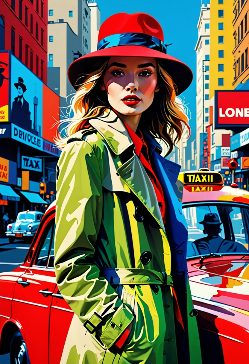  pop art, Decalcomania ,Bold colors, Brilliant Color Block, 1 girl ,Lonely Traveler, Long Trench Coat , red hat ,Expressionless face, high contrast from the front of the light,Cityscape, Vintage Poster , Driving Taxi , neon sign ,Pedestrian Shadow , Lonely in Chaos 