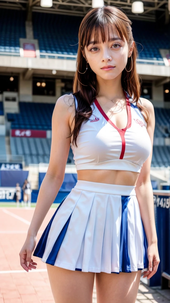 (8K, Raw photo, Best Quality, masutepiece:1.2), (Realistic, Photorealsitic:1.37), 超A high resolution, ((((指で銃を構えるポーズ))))、1girl in, 18 years old, (Idol:1.4), (famous actress :1.4), (beautifull detailed face:1), Bangs, (Multicolor floating hair), Skin Dentation, Light makeup, (Beautiful big breasts:1.3), (gleaming skin:1.1), Shiny skin, long limbs, slim, hanging breasted:1.3, Narrow waist, medium hips, thin legs, slim thigh, Dynamic lighting, Sexually suggestive faces, Glossy texture, lip stick, V-shaped eyebrows, v-line jaw, Looking at Viewer, (Long hair:1.3), (Perfect face:1.4), ((heavy wind)), Flowing hair, audience, (Smile:1.3), blue-sky, (((Monte Carlo Street Circuit))), (((racing car))), (((Racing Bikes))), ((Promotion Girl:1.3)), ((Grid Girl:1)), Pink lip, Light makeup, (Detailed promotional costumes are intricately worn:1.10), lace-up boots, Short sleeves, cropped tops, ((Short jacket:1)), (Tube Top Bra:1), knee high, (((Nylon short sleeve jacket with many logos))), (Knee Length Glitter Nylon Pleated Skirt), ((Asymmetrical medium size nylon pleated skirt)), small ass, ((Promotional wear with logo)), (((Red and White Glitter Promotional Wear))), Fingerless gloves, Navel View Style, A dark-haired, Brown hair, Red hair, Blue eyes, (sweat drop:1), (Dynamic Angle), Walking, bending forward, audience,