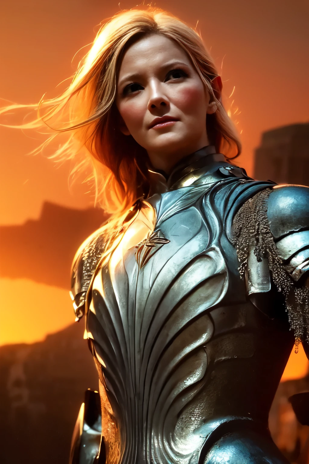 Galadriel, inspired by the series "The Rings of Power", (((L4L4 face))),  in a majestic pose at the center of the scene ,  wearing shimmering armor and elven details,  with its blond hair flowing under a golden light .  The background shows an epic landscape of golden Middle Earth ,  with distant mountains ,  dramatic sky and beams of heavenly light .  Determined expression and intense gaze ,  capturing your strength and wisdom .  Hyper-realistic details on the face and hands ,  metal texture of the highly detailed armor ,  skin illuminated with perfection ,  cinematic atmosphere , epic and glorious . natural light, 35mm photograph, film, professional, 4K, highly detailed, Golden hour lighting. Depth of field F2. Rule of Thirds Composition.
