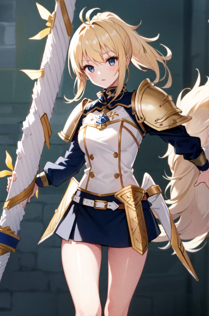  tall blond ponytail 、White long sleeve top（ Saber classics with ribbons and frills ）、 Light armor-like shoulder rests and metallic chest decorations 、 combat skirt （ slits for easy movement ） or fitted pants style 、 Gold lines and emblem embroidery create nobility、 Weapons have oversized swords 、Dignified Warrior Pose 、 Backgrounds are medieval-style castles and battlefields with magic circles 。