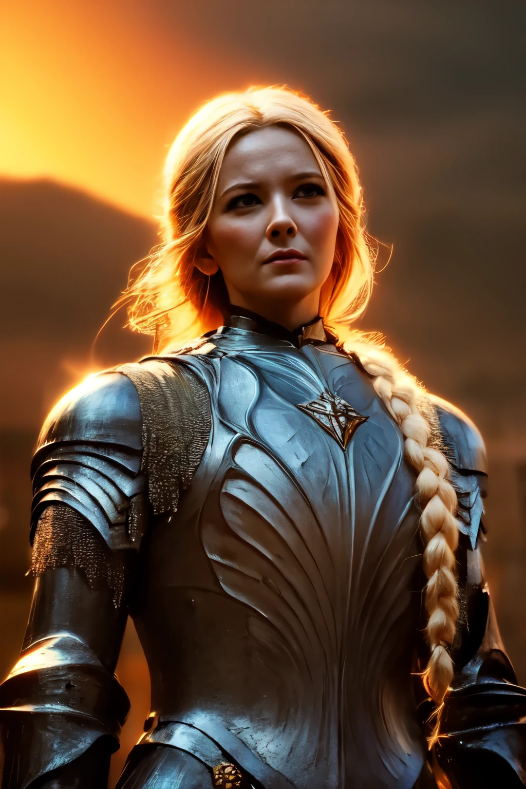 Galadriel, inspired by the series "The Rings of Power", (((L4L4 face))),  in a majestic pose at the center of the scene ,  wearing shimmering armor and elven details,  with its blond hair flowing under a golden light .  The background shows an epic landscape of golden Middle Earth ,  with distant mountains ,  dramatic sky and beams of heavenly light .  Determined expression and intense gaze ,  capturing your strength and wisdom .  Hyper-realistic details on the face and hands ,  metal texture of the highly detailed armor ,  skin illuminated with perfection ,  cinematic atmosphere , epic and glorious . natural light, 35mm photograph, film, professional, 4K, highly detailed, Golden hour lighting. Depth of field F2. Rule of Thirds Composition.
