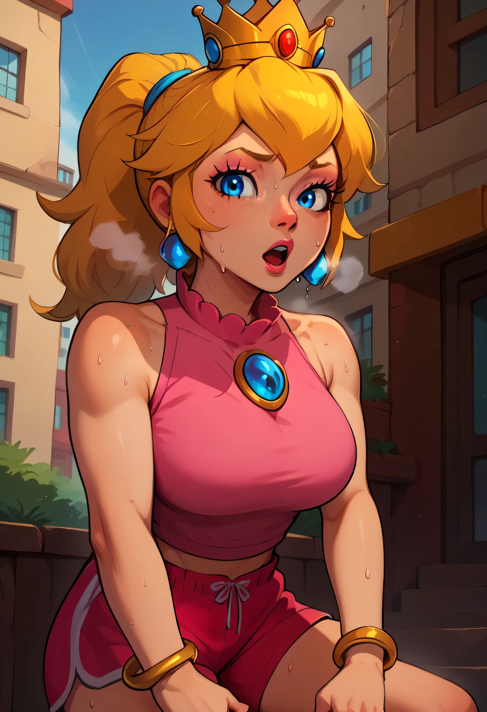 score_9, score_8_up, score_7_up, BREAK,princesspeach, 1girl, solo, , blonde hair, ponytail, jewelry, bracelet, makeup, casual, cowboy shot, blue eyes, looking at the viewer, large breasts,outdoors,city, hands on knees, pink tanktop, sweaty, pink shorts, sweating profusely, open mouth, exhausted, heavy breathing, golden crown with red and blue gems, 