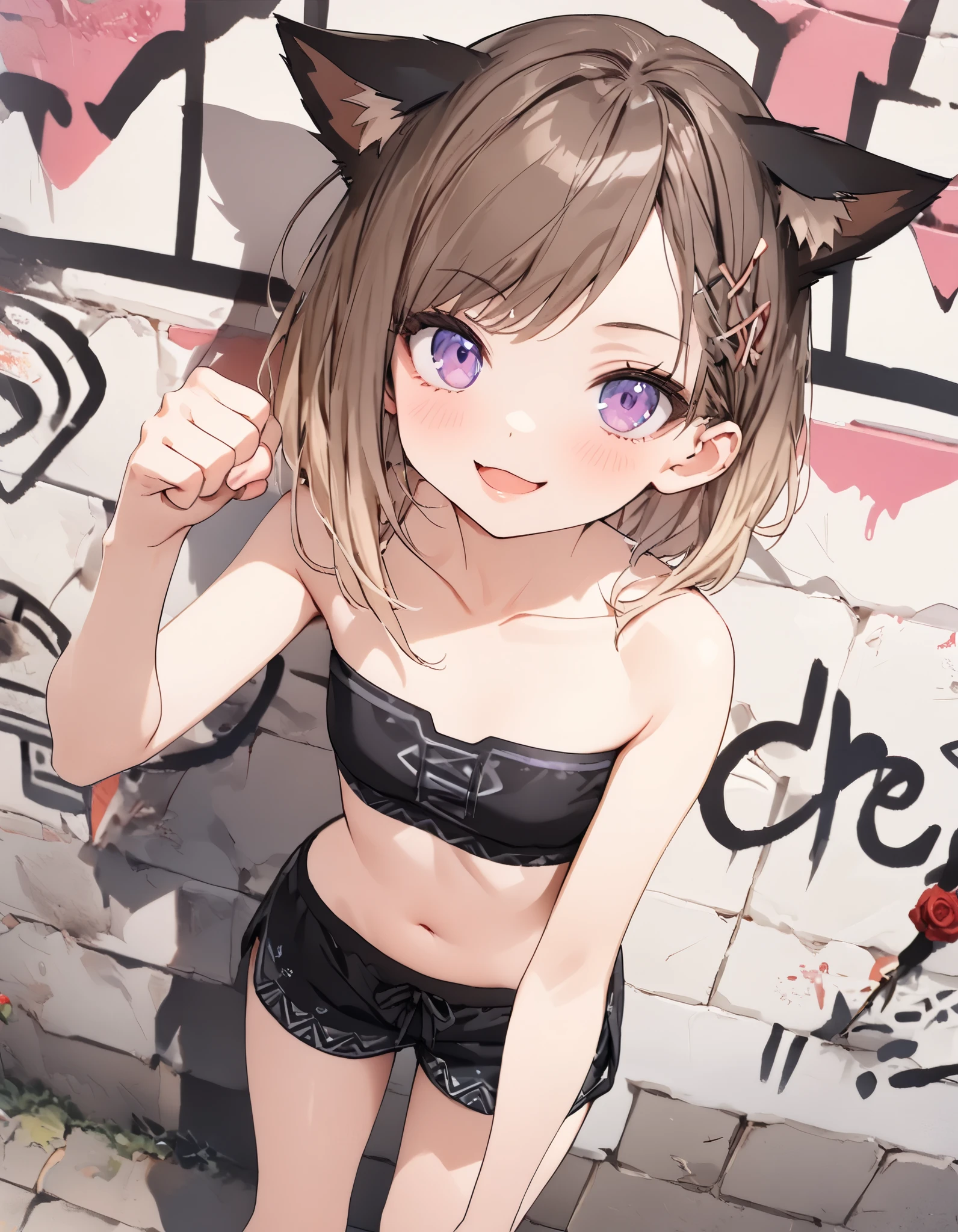 ((Masterpiece)), ((best quality)), (Rough sketch:1.4), (super detail), (High Definition:1.3), (Professional Photography:1.3), ((12 years old)), 1girl, cinematic lighting, Textured skin, (cat ears), pale brown hair, messy medium hair, Cute Beautiful teenage girl, BREAK, ((best quality)), (ccurate), (Hemp fabric tank top:1.3), cleavage, exposed neck, no bra, (exposed neck), slendar body, small breast, (short braided hair), (Wearing tutu skirt), (hyper deformed face:1.3), naughty smile, blush, (Purple Unfocused eyes), beautiful collarbones, (slightly exposed cute navel), BREAK, ((best quality)), Waving hand, (on the Beautiful coastline),