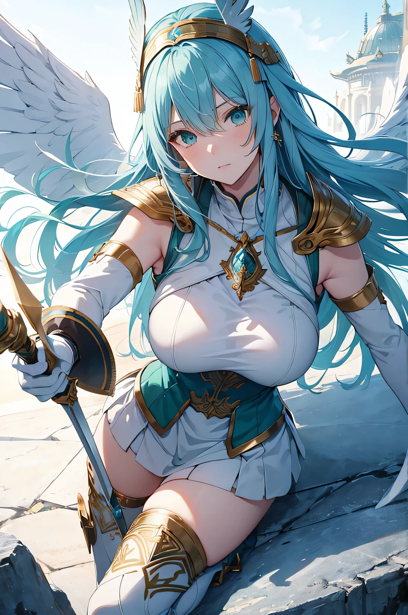 4K,High resolution,One Woman,Blue Hair,long hair,Braid,Green Eyes,Big Breasts,Valkyrie,White sacred high leg leotard armor,White gloves,White shoes,Winged headgear,Jewelry decoration,Gold decoration,Holy Sword,Temple in the Sky