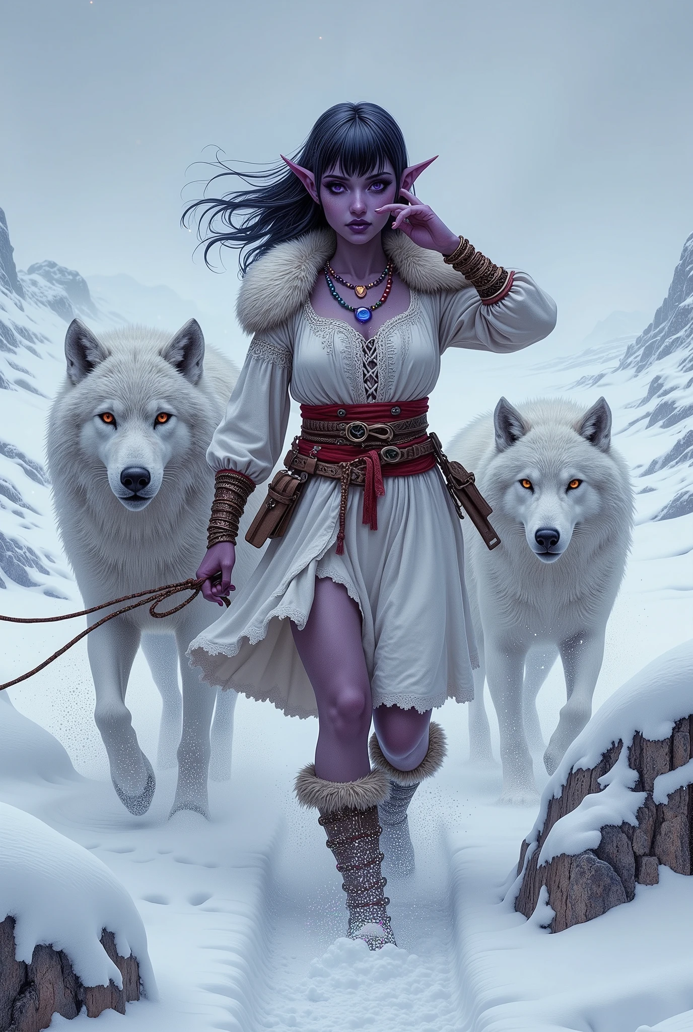 (Ultra-detailed face, Looking away, Fantasy Illustration with Gothic, Dark tone colors.), BREAK 
(A blizzard is shrouding the area in white, and a female dark elf explorer is riding a sled across a vast frozen snowfield with a pack of white wolves pulling a sled. Everything is frozen. The female rogue holds the reins of the wolves with one hand and holds up a hand to protect her face from the snow.), BREAK 
(The young female dark elf rogue has half black, half gray hair with white eyebrows, blunt bangs, hair tied in a bow around her shoulders, small pink lips, dark purple skin, and thick eyeliner.), BREAK 
(A female dark elf rogue wears goggles shifted across her forehead and a lace-up dress of pure white velour fabric with fur and a thick cloak. She wears a wide crimson sash around her waist and a necklace and bracelet made of iridescent beads. She wears boots with white fur.), BREAK 
(This is the extremely cold north, where even time freezes. The plains are covered in snow and ice, where legend has it that white dragons live. A blizzard is always blowing and a thick white fog covers the area.)