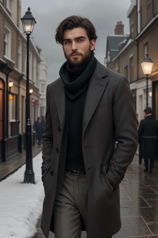 A strikingly handsome man with slightly wavy dark brown hair, a neatly trimmed beard, and piercing green eyes, standing outdoors in a cold winter setting in London. He is wearing a stylish black wool coat over a dark turtleneck sweater, complemented by a gray scarf neatly wrapped around his neck. His expression is confident yet calm, with a slight furrow of his brows, giving him an air of sophistication. The background shows a typical London street with blurred elements like red double-decker buses and Victorian-style lampposts, under a cloudy sky. The lighting is soft and natural, emphasizing the details of his face and the texture of his winter outfit